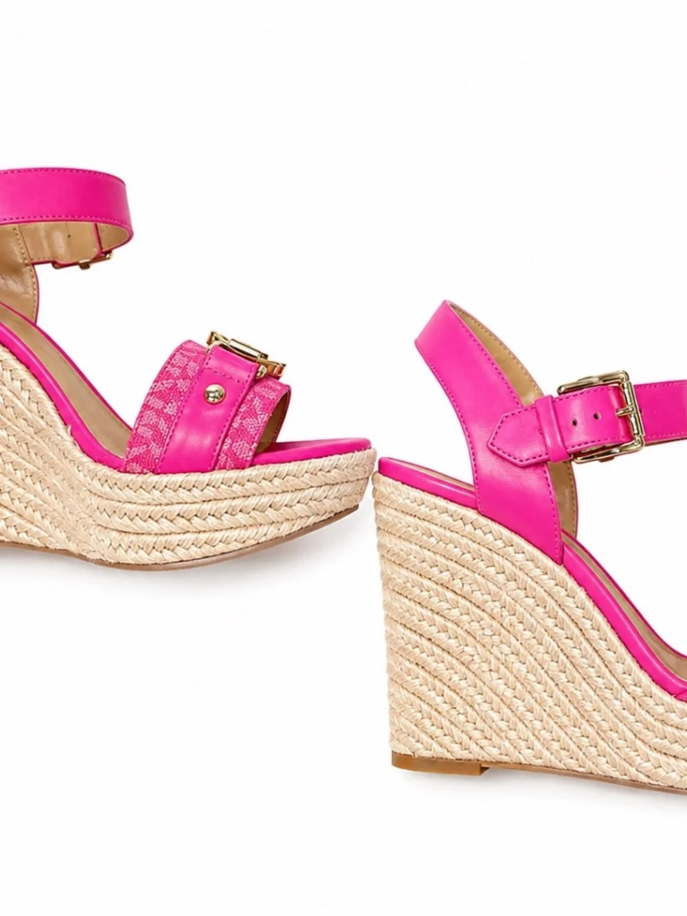 Michael Michael Kors Size 8M Pink Espadrille Wedge Sandals Gold Logo